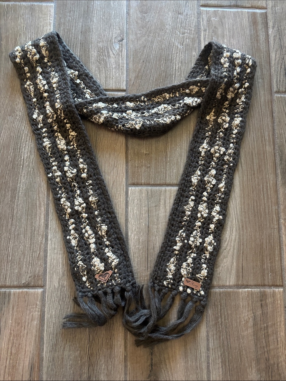 Roxy Brown Knit Scarf with Tan Accent Stripes